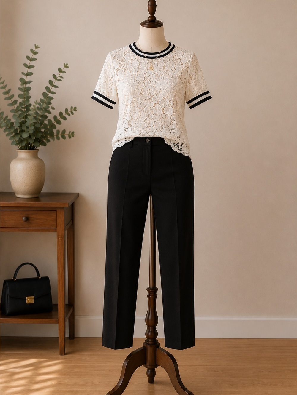 Ivory Floral Lace Short Sleeve Top Contrast Trim Scalloped Hem Women's Small